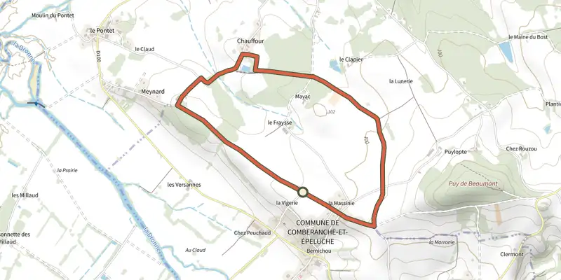Map of the Boucle des Comberanche track on the IGN map, with the start and numbered waypoints