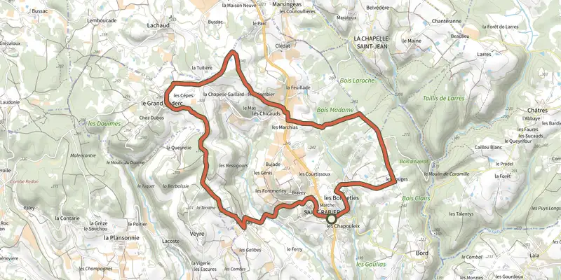 Carte du tracé de Boucle du Grand Coderc sur le Plan IGN, départ et points de passage numérotés