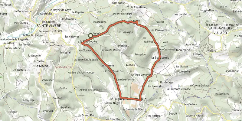 Map of the Boucle des Truffières track on the IGN map, with the start and numbered waypoints
