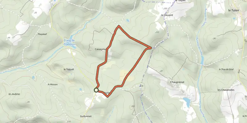Carte du tracé de Boucle de Café Rouge sur le Plan IGN, départ et points de passage numérotés