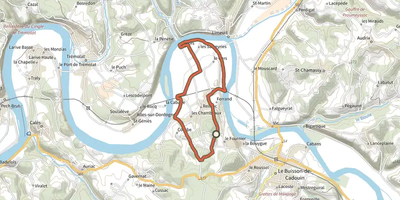 Map of the Boucle de Alles-sur-Dordogne track on the IGN map, with the start and numbered waypoints