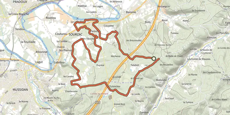 Carte du tracé de Boucle Royale sur le Plan IGN, départ et points de passage numérotés