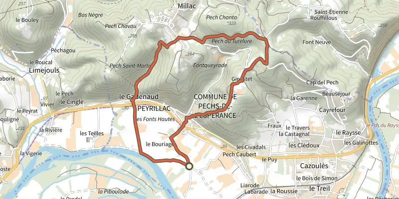 Carte du tracé de Boucle de Pech de Turelure sur le Plan IGN, départ et points de passage numérotés