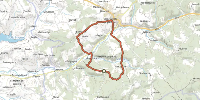 Carte du tracé de Boucle des Potences sur le Plan IGN, départ et points de passage numérotés