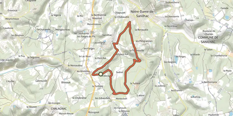 Carte du tracé de Circuit des Mottes sur le Plan IGN, départ et points de passage numérotés