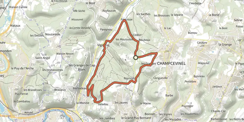 Carte du tracé de Boucle de Borie Petit sur le Plan IGN, départ et points de passage numérotés