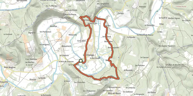 Carte du tracé de Boucle du Roc sur le Plan IGN, départ et points de passage numérotés