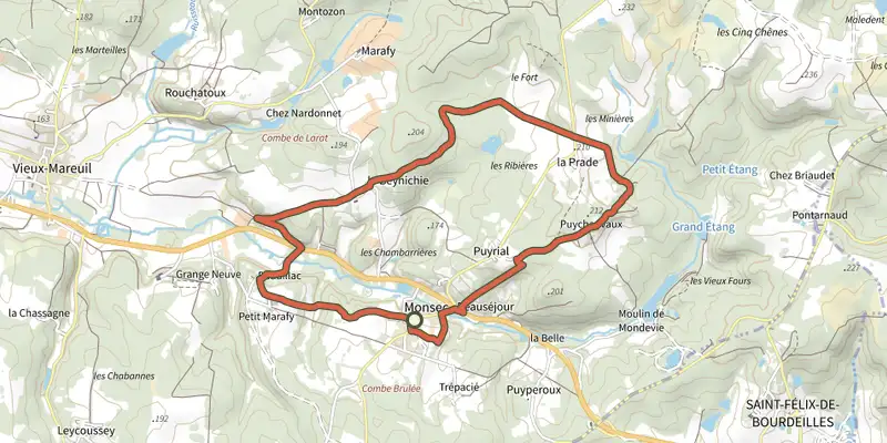 Carte du tracé de Boucle de Monsec sur le Plan IGN, départ et points de passage numérotés