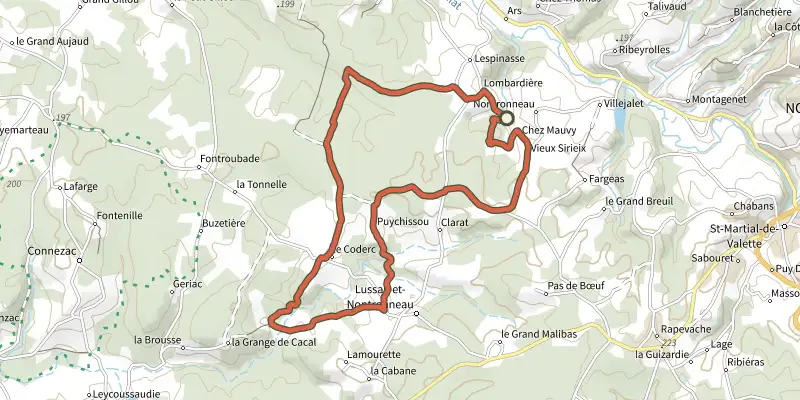 Map of the Boucle de Lussas track on the IGN map, with the start and numbered waypoints