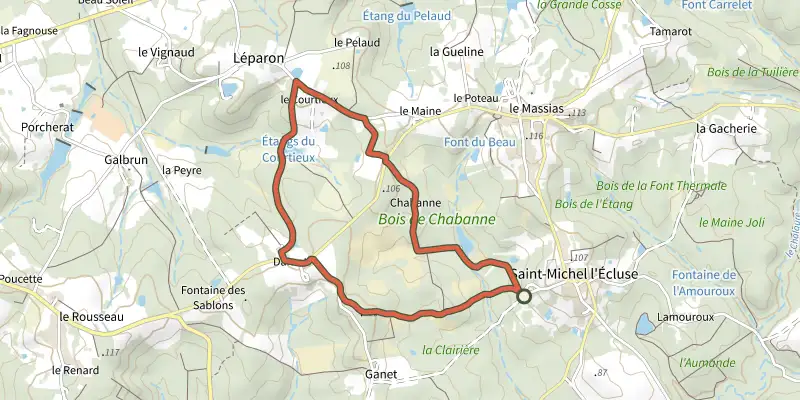 Carte du tracé de Boucle de Rhodo sur le Plan IGN, départ et points de passage numérotés