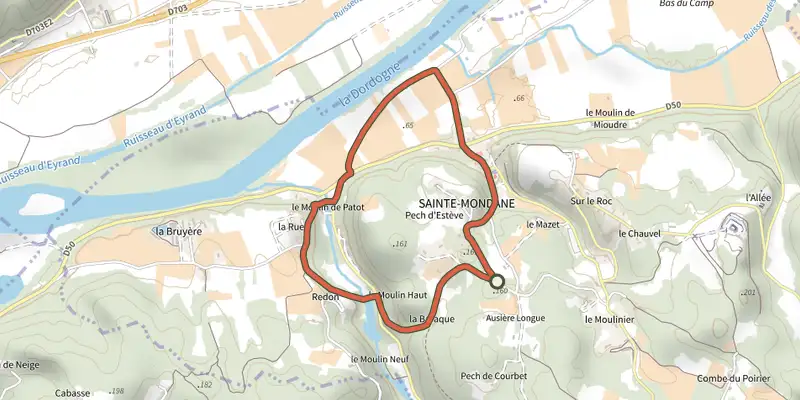 Map of the Boucle des Moulins track on the IGN map, with the start and numbered waypoints