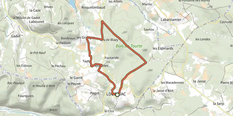 Carte du tracé de Boucle des Granges sur le Plan IGN, départ et points de passage numérotés