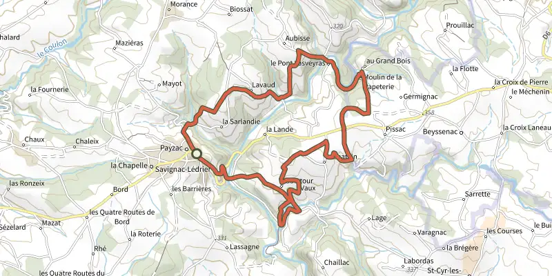 Carte du tracé de Boucle des Papeteries sur le Plan IGN, départ et points de passage numérotés