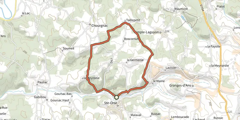 Carte du tracé de Boucle de Boscornut sur le Plan IGN, départ et points de passage numérotés