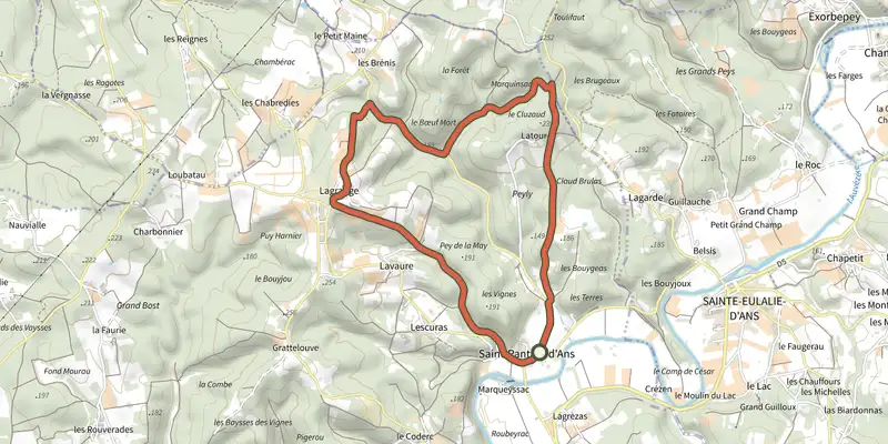 Carte du tracé de Boucle du Col de Lagrange sur le Plan IGN, départ et points de passage numérotés
