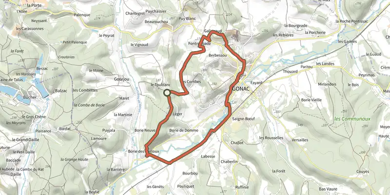 Carte du tracé de Boucle de Fontroubade sur le Plan IGN, départ et points de passage numérotés