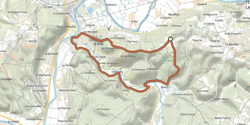 Carte du tracé de Boucle de la Commanderie sur le Plan IGN, départ et points de passage numérotés