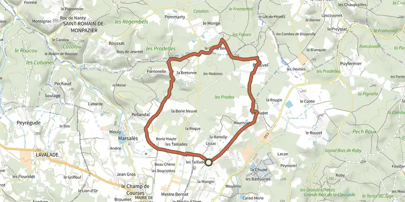 Carte du tracé de Boucle de la Bastide Monpazier sur le Plan IGN, départ et points de passage numérotés