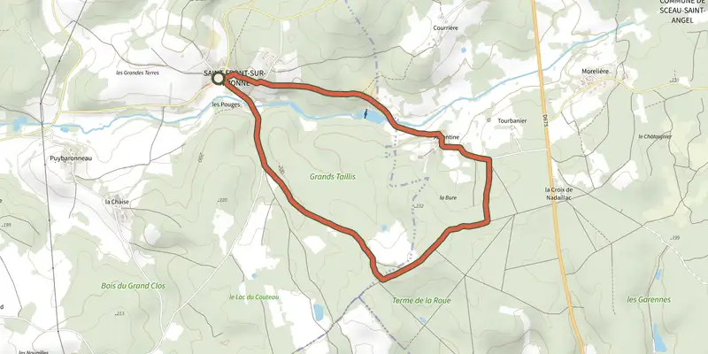 Carte du tracé de Boucle de la Nizonne sur le Plan IGN, départ et points de passage numérotés