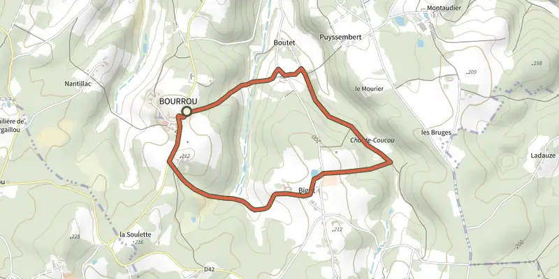 Map of the Land'art de Bourrou track on the IGN map, with the start and numbered waypoints