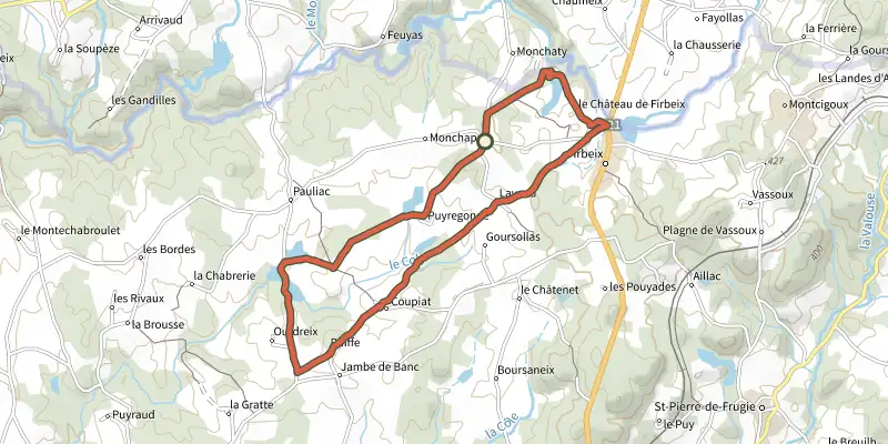 Map of the Boucle des Etangs track on the IGN map, with the start and numbered waypoints