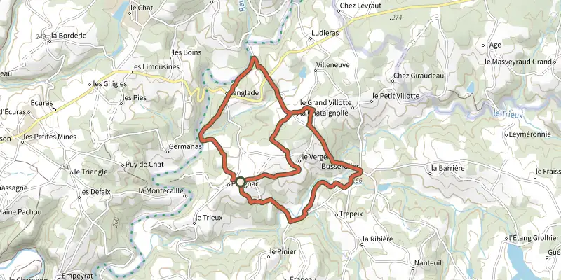 Map of the Boucle de Paugnac track on the IGN map, with the start and numbered waypoints