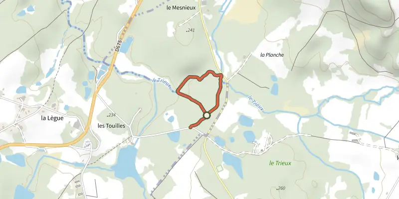Carte du tracé de Sentier Interprétation de la forêt des Mesnieux sur le Plan IGN, départ et points de passage numérotés