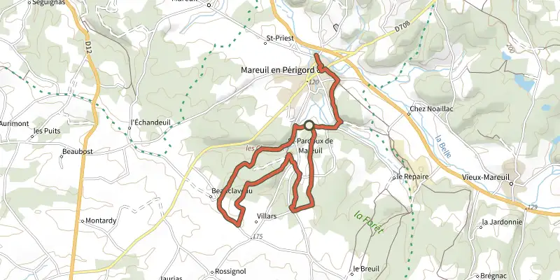 Map of the Boucle des Cluzeaux track on the IGN map, with the start and numbered waypoints
