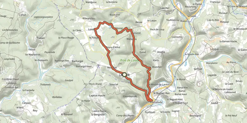 Carte du tracé de Boucle des Fontaines sur le Plan IGN, départ et points de passage numérotés