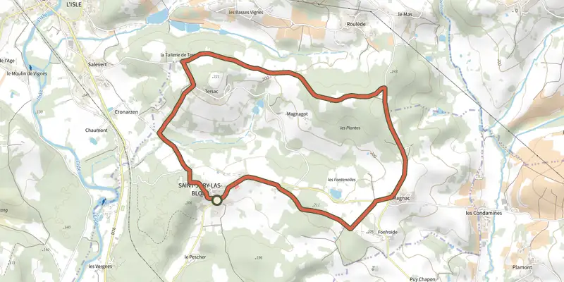 Map of the Boucle de l'Eau et de la Forêt enchantée track on the IGN map, with the start and numbered waypoints