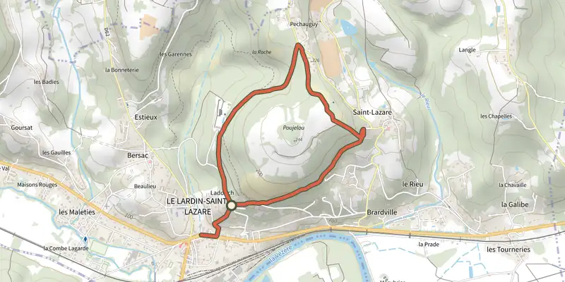 Map of the Boucle du Poujelou track on the IGN map, with the start and numbered waypoints