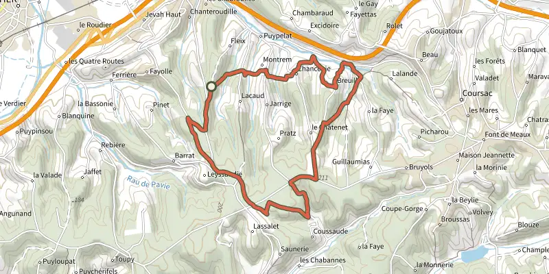Map of the Boucle des 5 étangs track on the IGN map, with the start and numbered waypoints