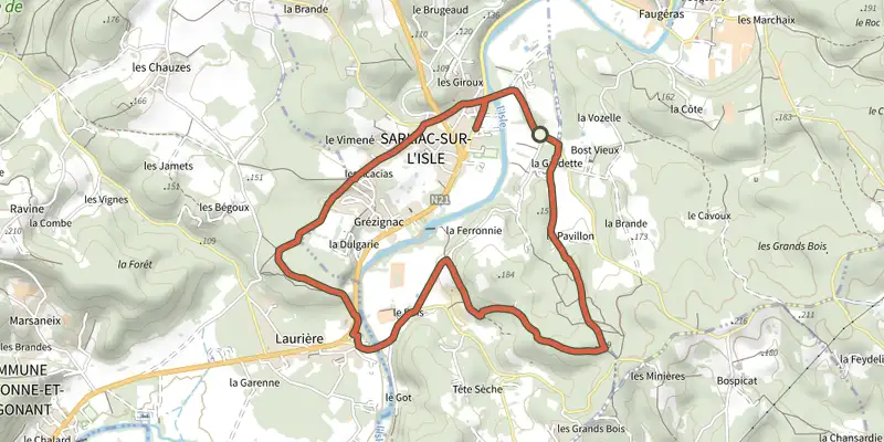 Map of the Boucle de Sarliac track on the IGN map, with the start and numbered waypoints