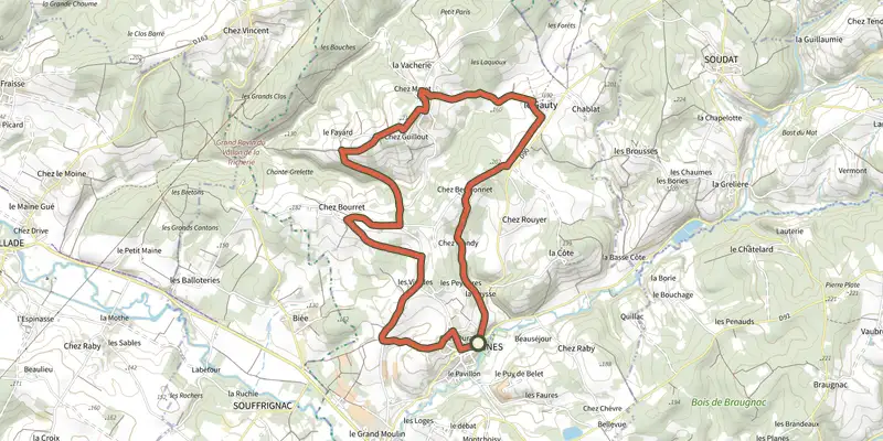 Carte du tracé de Boucle de Varaignes sur le Plan IGN, départ et points de passage numérotés