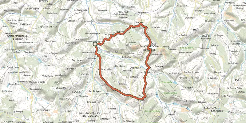 Carte du tracé de Boucle de St-Pardoux-de-Dronne sur le Plan IGN, départ et points de passage numérotés