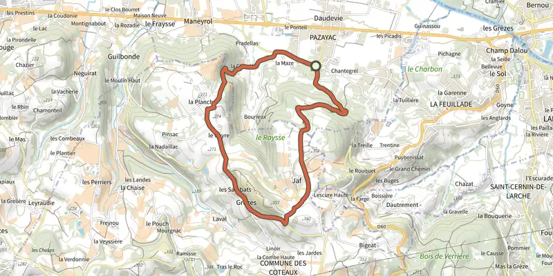 Carte du tracé de Boucle du Raysse sur le Plan IGN, départ et points de passage numérotés