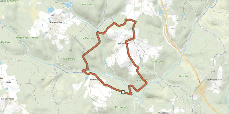 Carte du tracé de Boucle du Cluzeau sur le Plan IGN, départ et points de passage numérotés