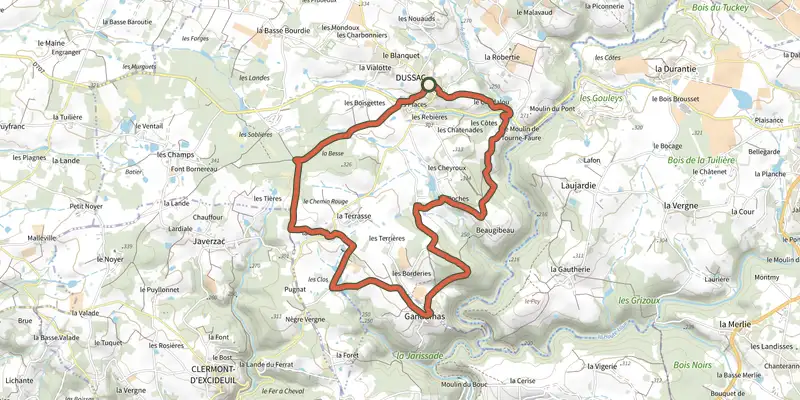Carte du tracé de Boucle de Foucauld sur le Plan IGN, départ et points de passage numérotés
