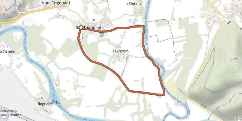 Carte du tracé de Boucle de la Rivière sur le Plan IGN, départ et points de passage numérotés
