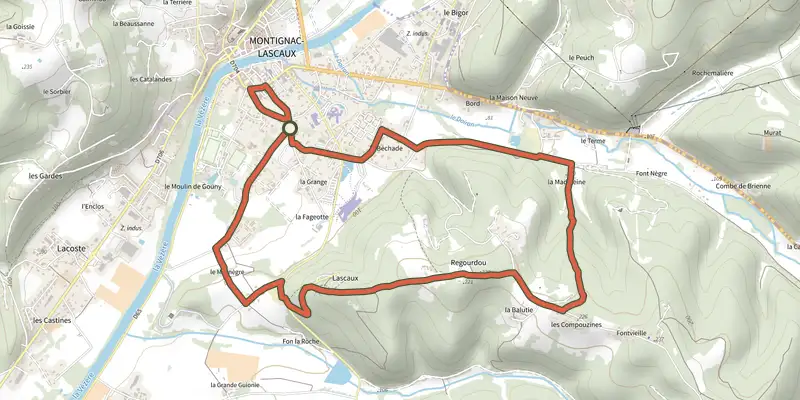 Carte du tracé de Boucle Promenade de Lascaux sur le Plan IGN, départ et points de passage numérotés
