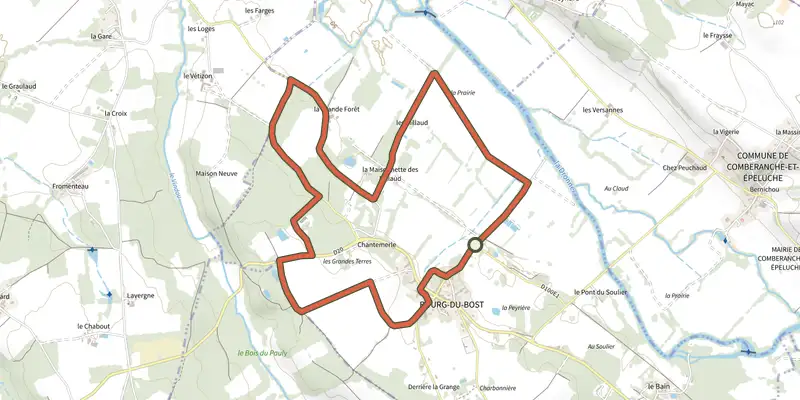 Map of the Boucle de Bourg-du-Bost track on the IGN map, with the start and numbered waypoints
