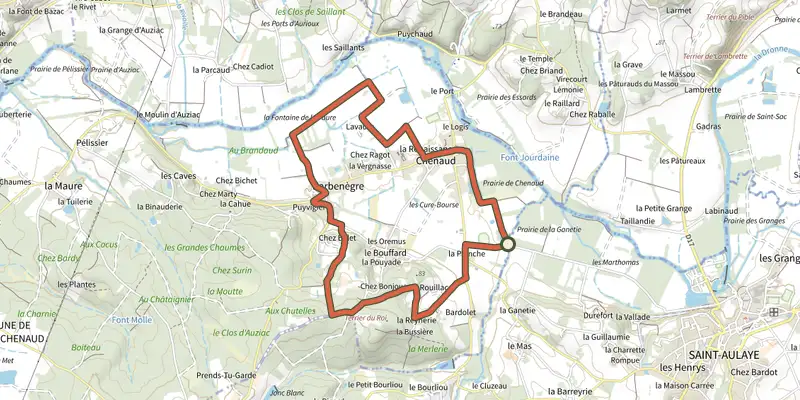Map of the Boucle de Chenaud track on the IGN map, with the start and numbered waypoints
