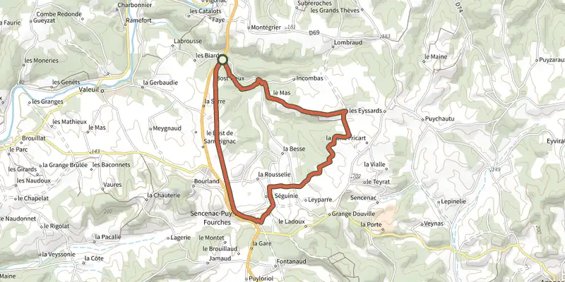 Map of the Boucle de Puy de Fourches track on the IGN map, with the start and numbered waypoints