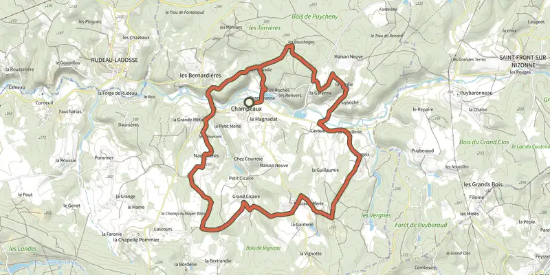 Carte du tracé de Boucle de Champeaux sur le Plan IGN, départ et points de passage numérotés