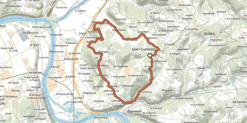 Map of the Boucle du Dolmen track on the IGN map, with the start and numbered waypoints