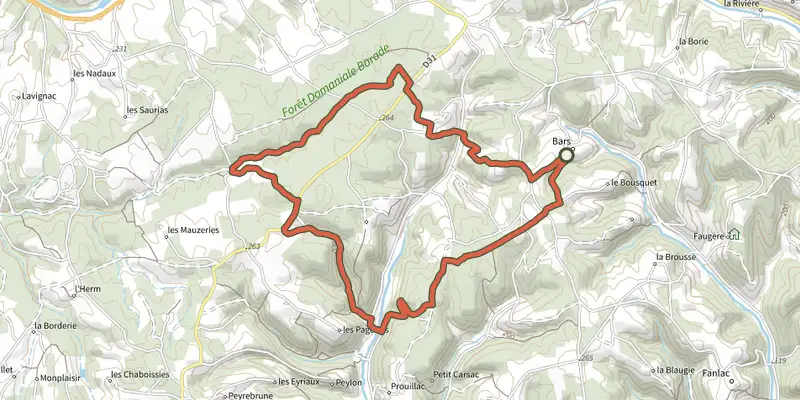 Carte du tracé de Boucle à travers la Foret Barade sur le Plan IGN, départ et points de passage numérotés