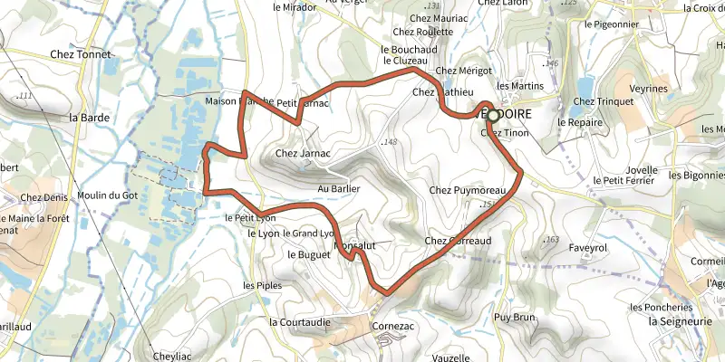 Map of the Boucle de Vendoire track on the IGN map, with the start and numbered waypoints