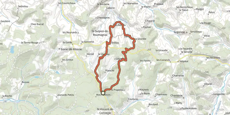 Map of the Boucle de St-Sulpice-de-Roumagnac track on the IGN map, with the start and numbered waypoints