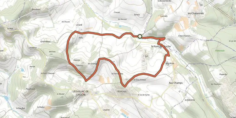 Carte du tracé de Sentier de la faye sur le Plan IGN, départ et points de passage numérotés