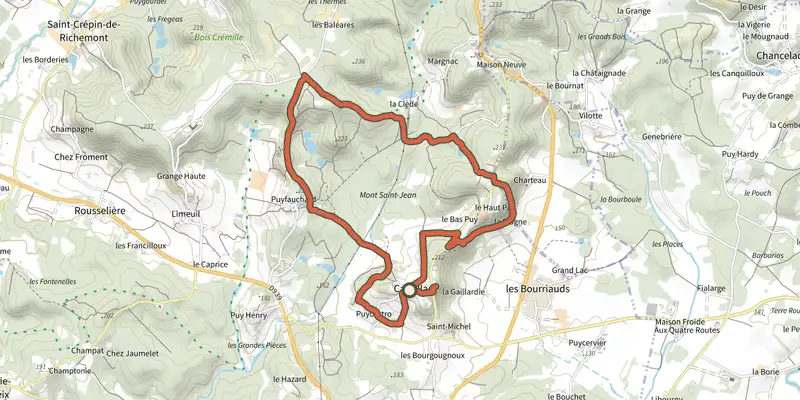 Map of the Boucle de Cantillac track on the IGN map, with the start and numbered waypoints